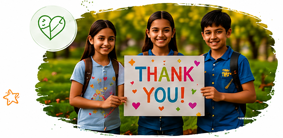 Three children holding a colorful handmade thank-you sign