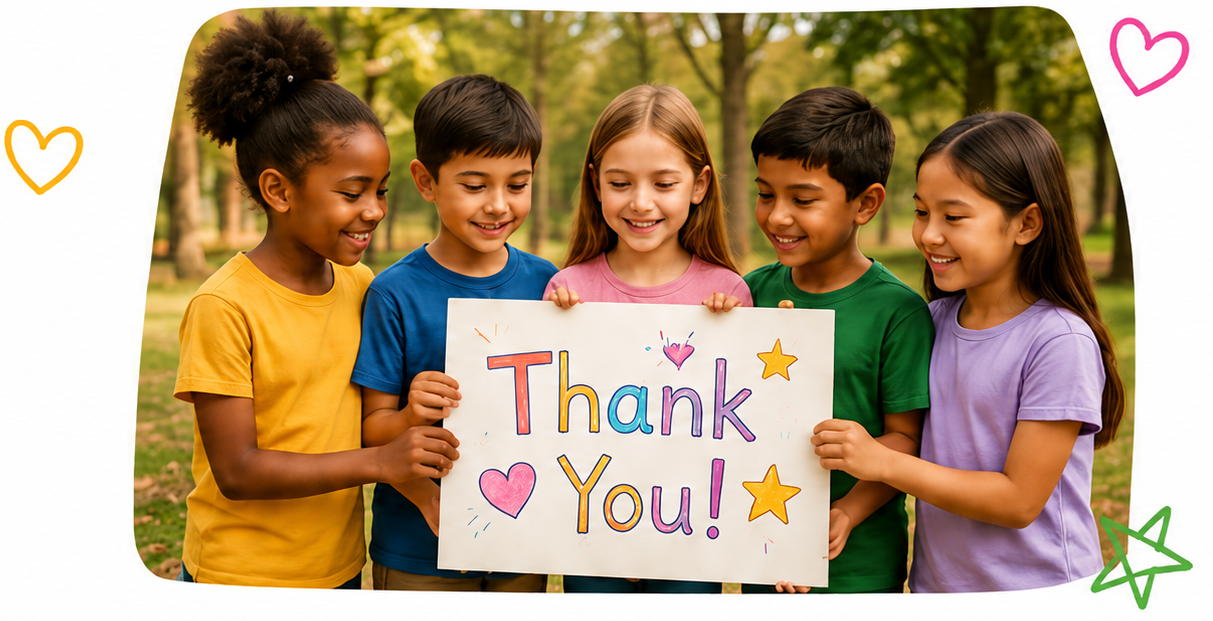 Children smiling and holding a handmade Thank You sign