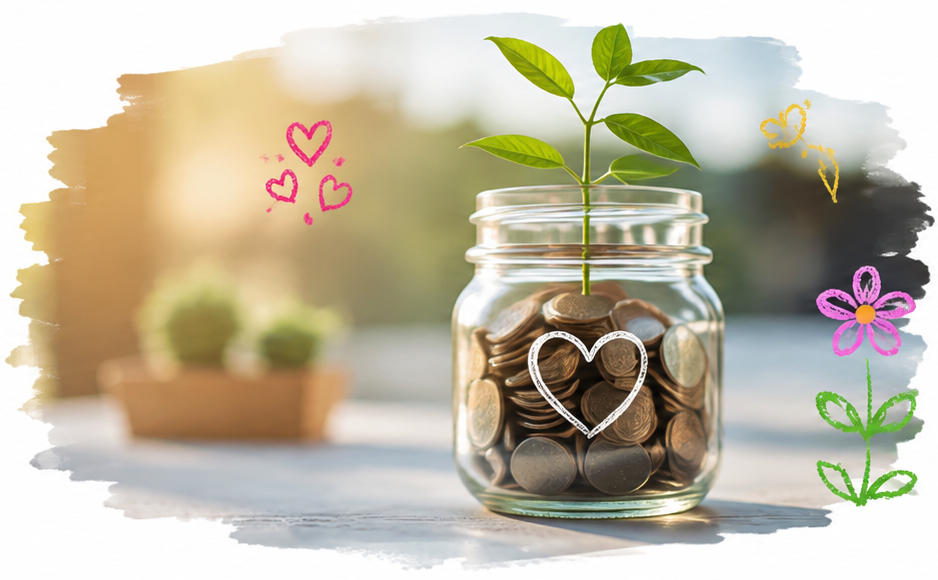A jar of coins with a small plant growing out of the top