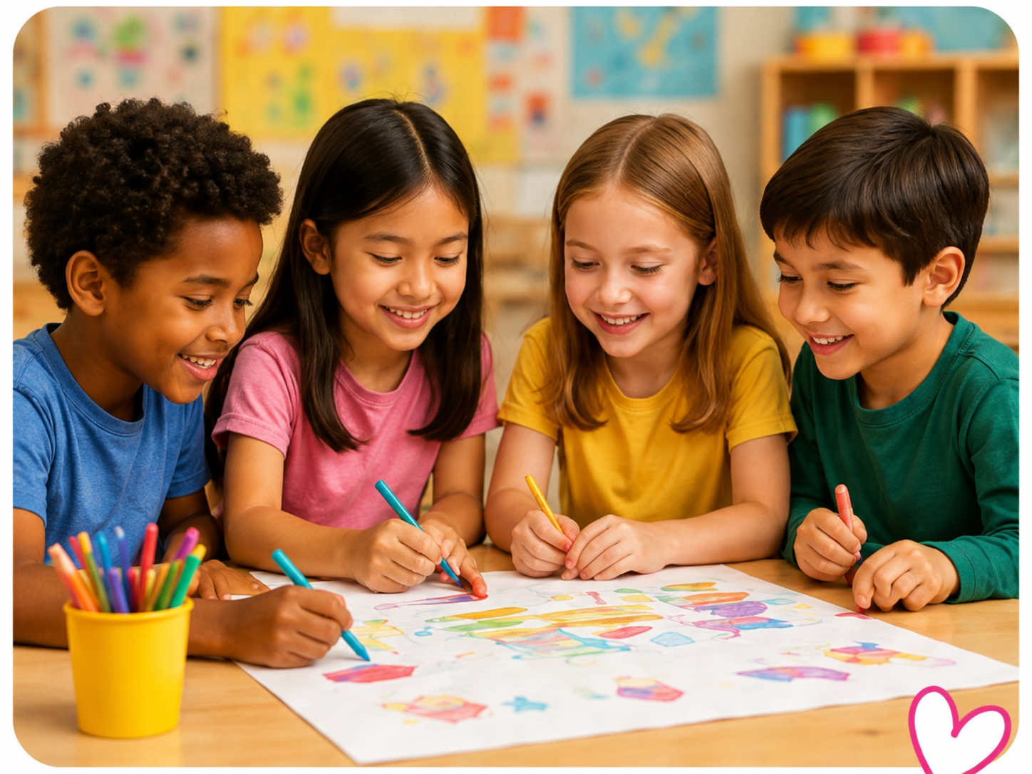 Children coloring together at a table