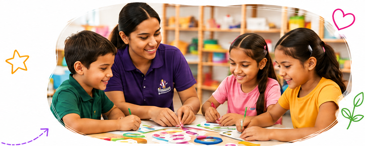 An educator and children working together on a creative project