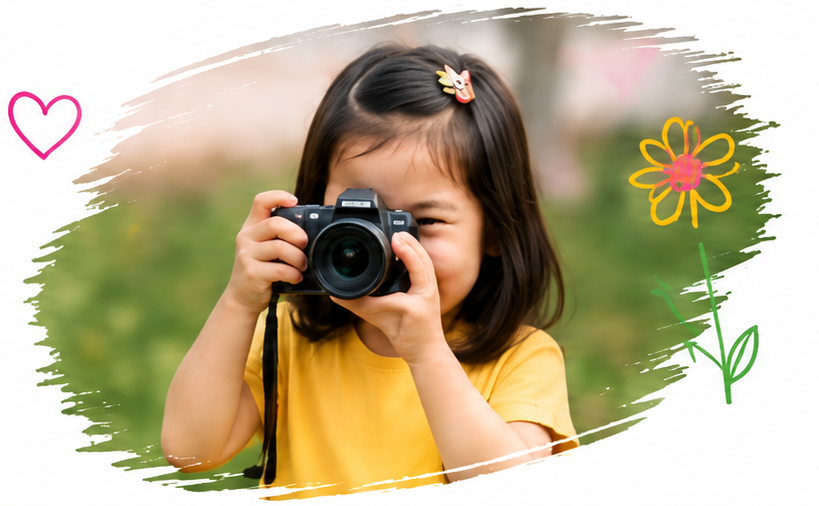 A young girl holding a camera