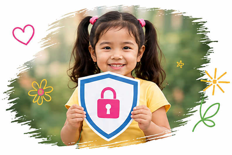 A young girl smiling while holding a shield with a lock icon