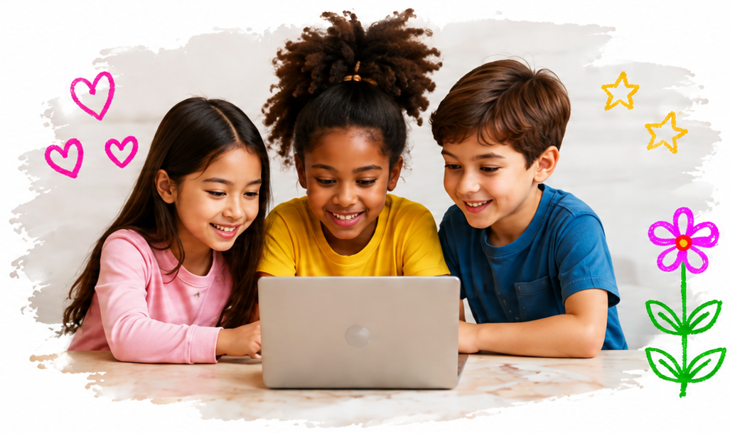 Three children looking at a laptop together