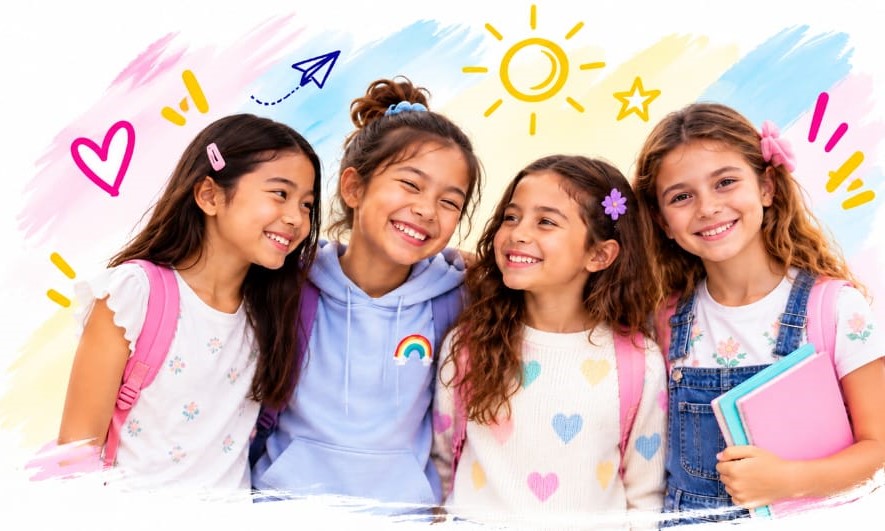 Four smiling girls with backpacks and school supplies