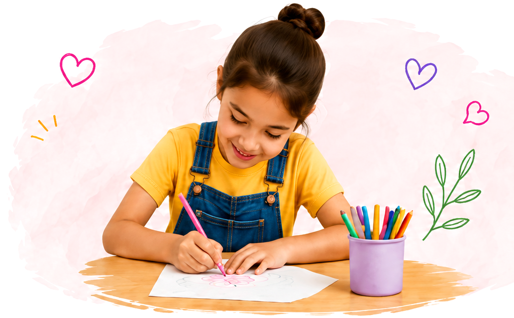 A young girl smiling while drawing with colored pencils