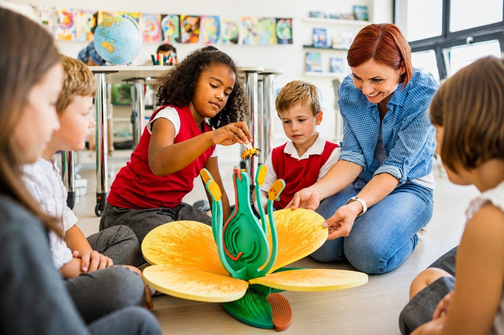 A teacher and children exploring a flower model in class