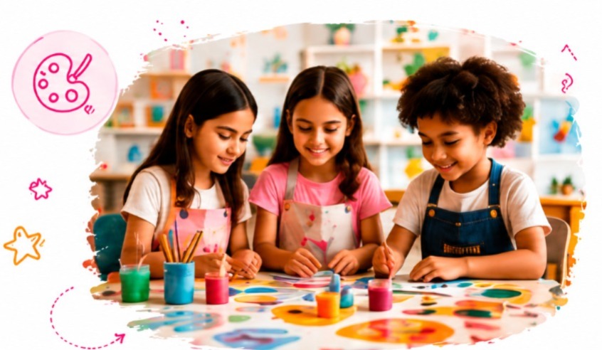 Three children smiling while painting together at a table
