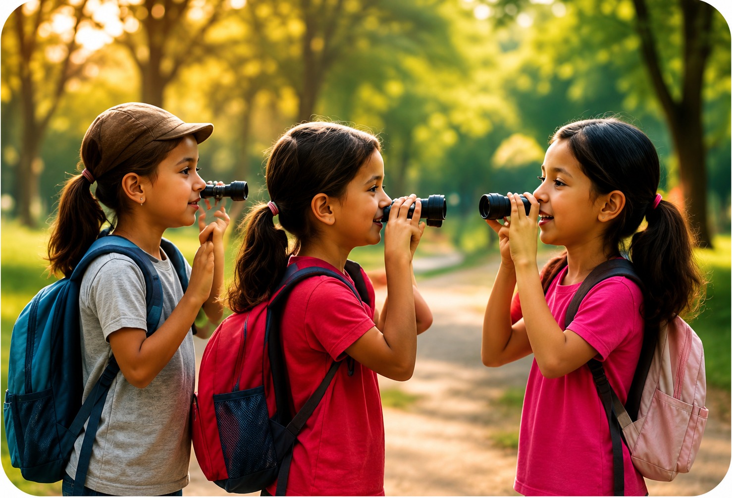 Children exploring outdoors with binoculars