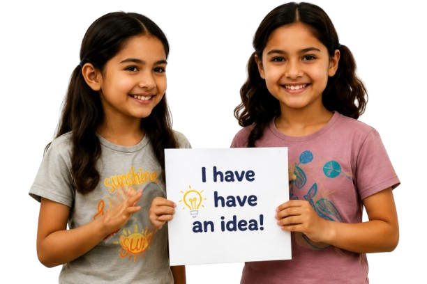 Two girls smiling and holding a sign that says I have an idea