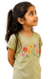 A young girl looking up with curiosity
