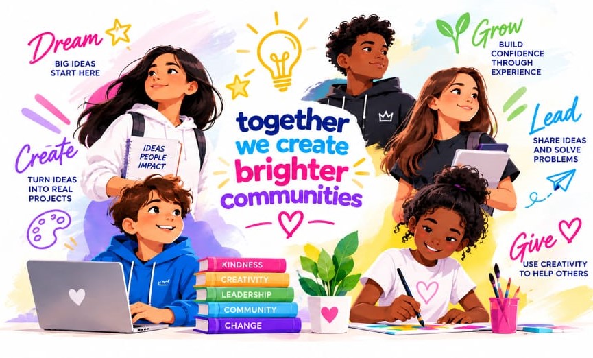 Illustration of children creating together with the message together we create brighter communities