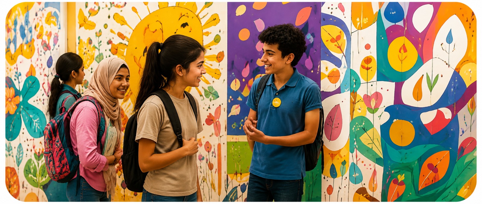 Children standing in front of a colorful community mural