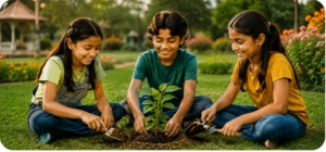 Children planting a sapling together outdoors