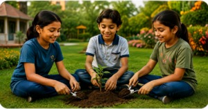 Children working together to plant in a garden