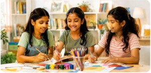 Three girls creating art together at a table
