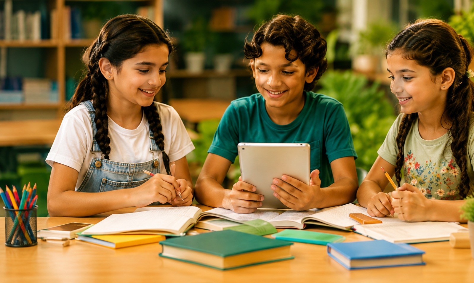 Children collaborating at a table with books and a tablet
