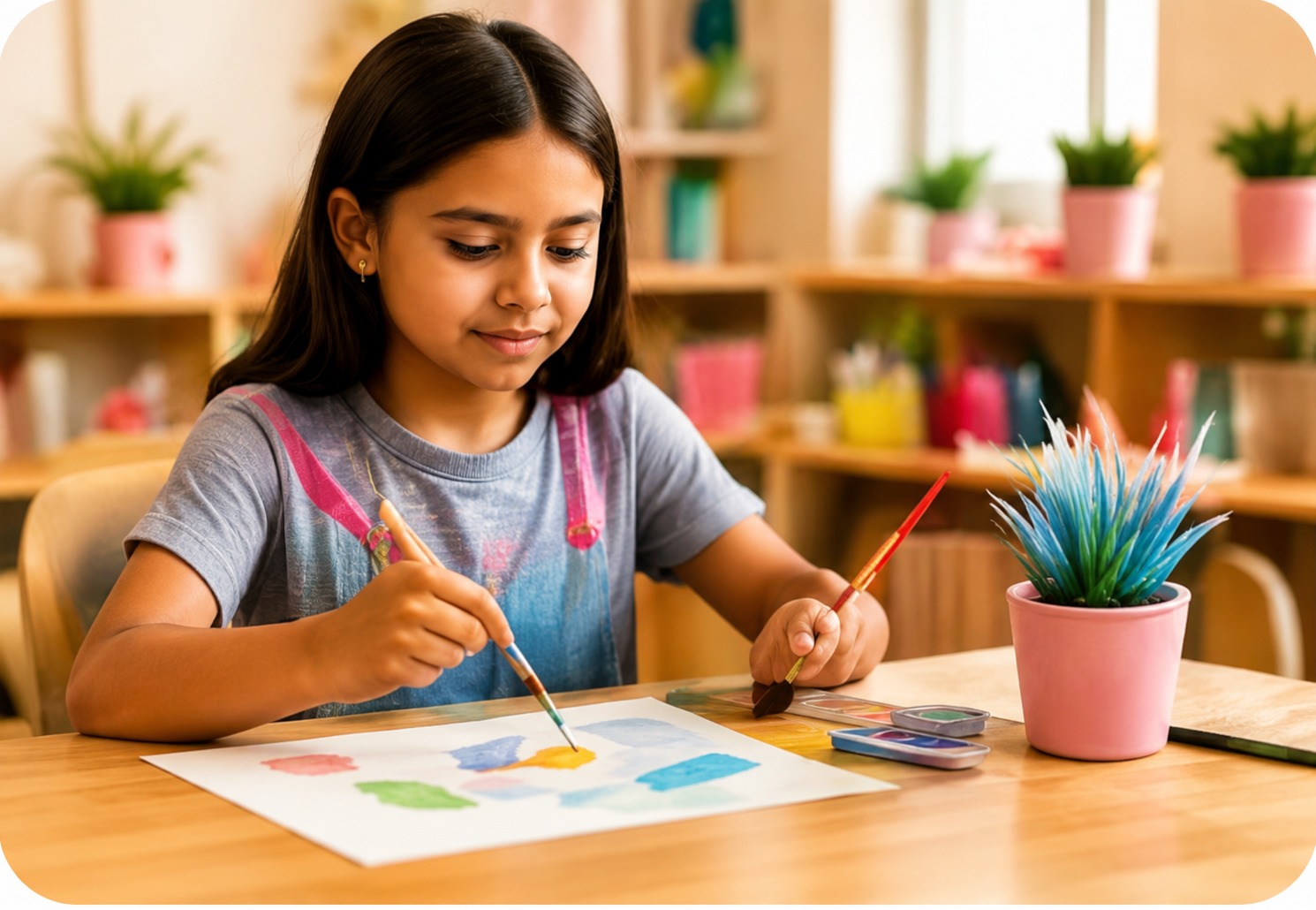 A young girl painting with watercolors