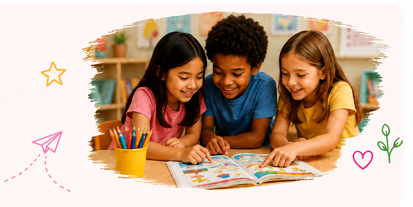 Three children smiling while reading a book together