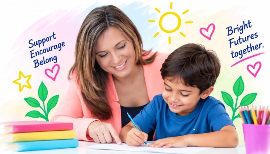A mother and daughter drawing together at a table with colored pencils