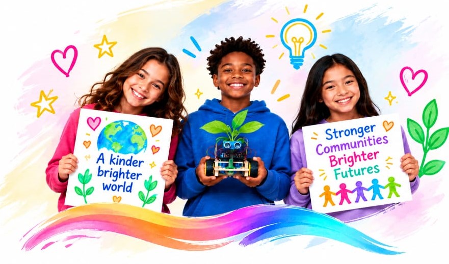 Children with signs and projects — Real People. Real Change.