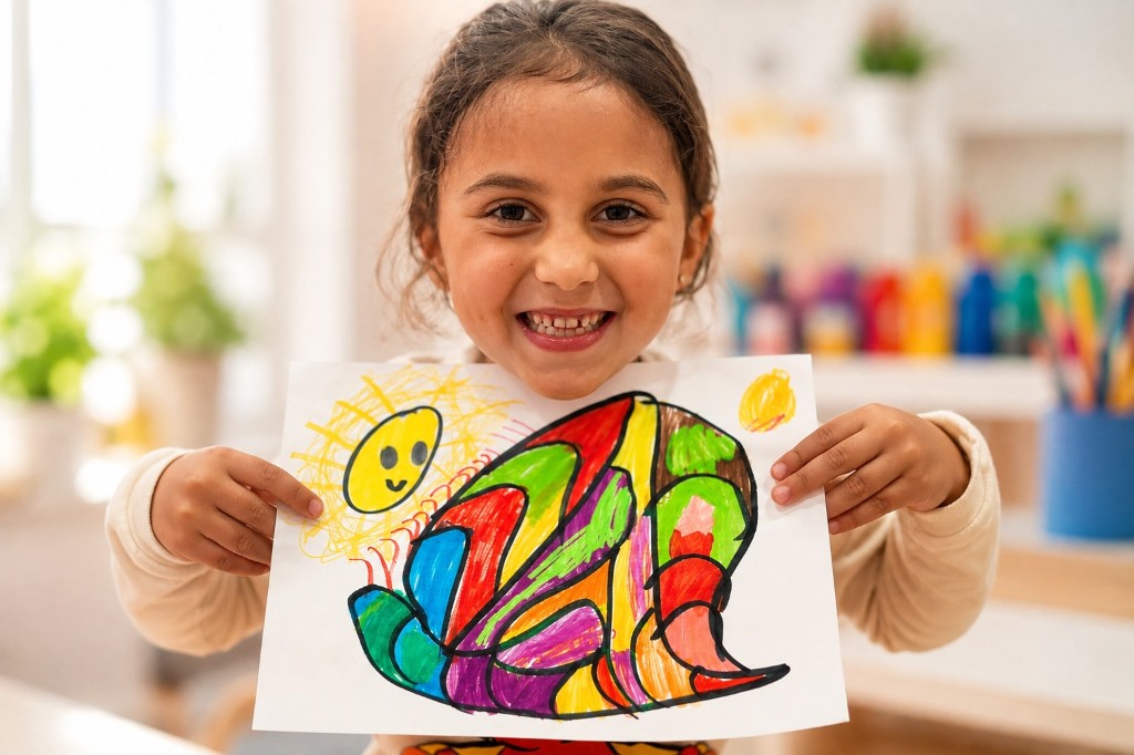 A young girl smiling while holding up a colorful drawing