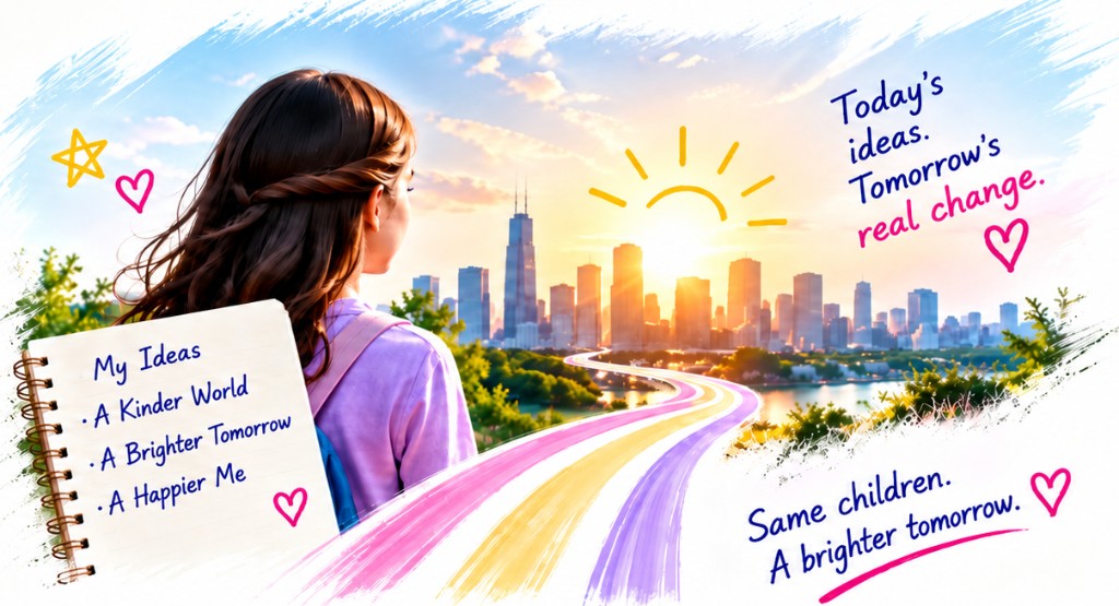 Three Bright Dreamers holding colorful heart flower drawings in a sunny park