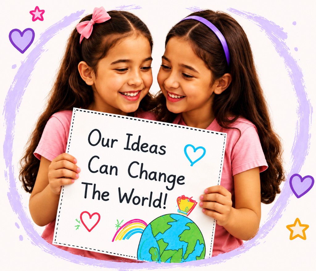 Two Bright Dreamers holding a sign that reads Our Ideas Can Change The World
