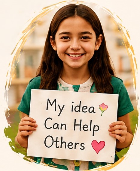 A Bright Dreamer holding a sign that says My idea Can Help Others