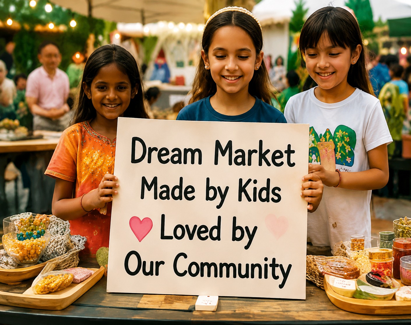 Children holding a Dream Market sign at a community market