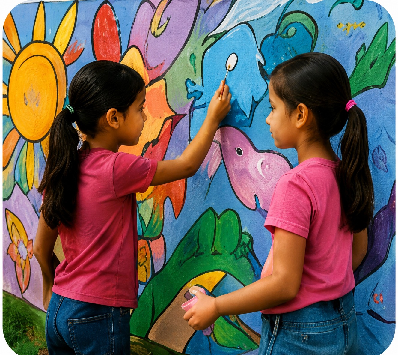 Children painting a colorful community mural together