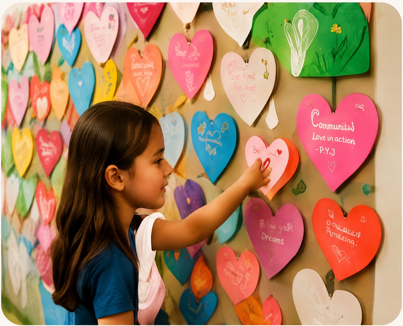A girl reading kind messages on a wall of colorful paper hearts