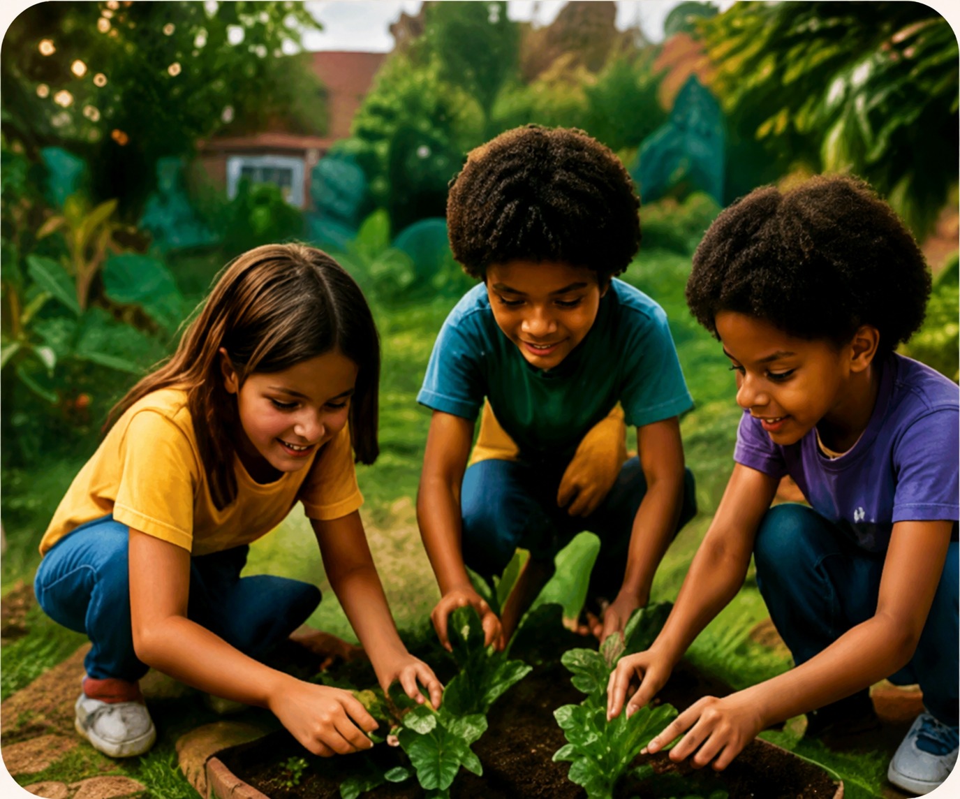 Children planting seedlings together in a garden