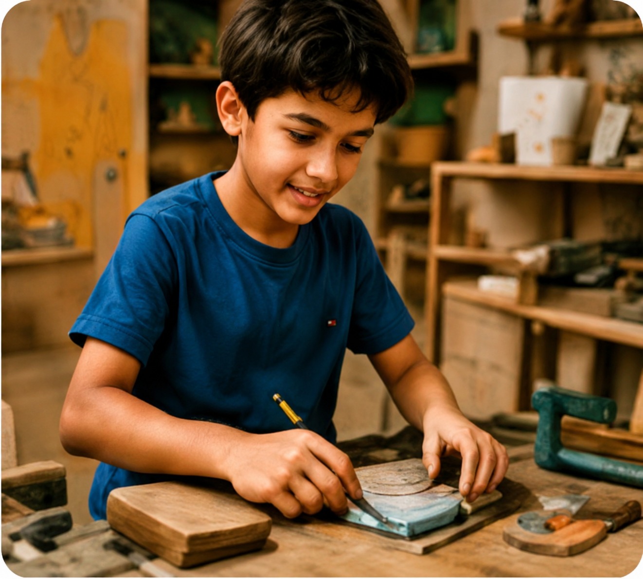 A boy focused on a hands-on woodworking project