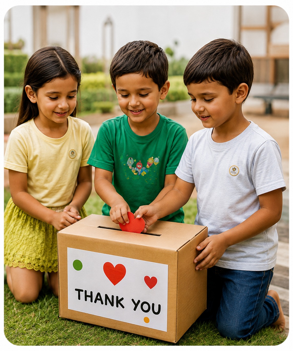 Children placing hearts in a kindness donation box