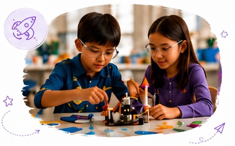 Two children working together on a science and engineering project