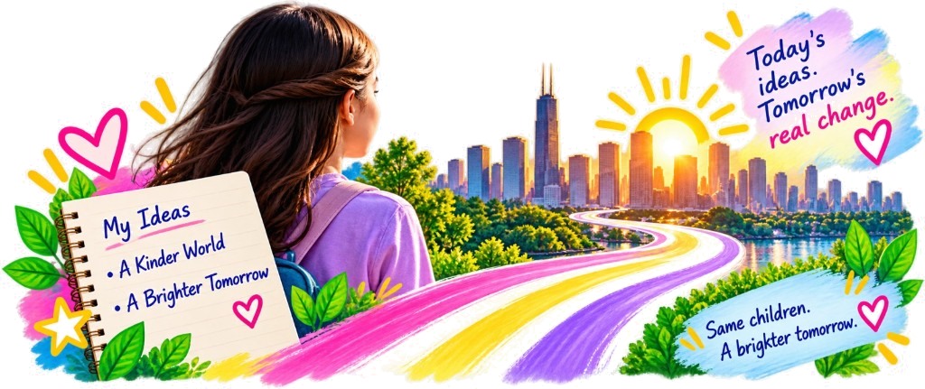Girl on a colorful path toward a sunlit city skyline with notebook ideas and inspirational messages