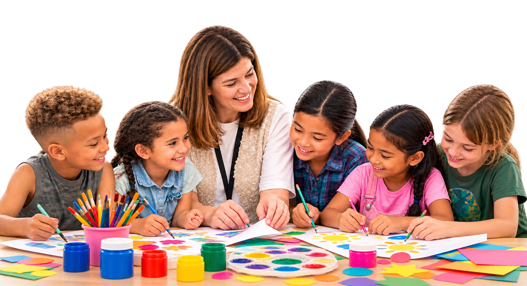 An educator and children working together on a creative project
