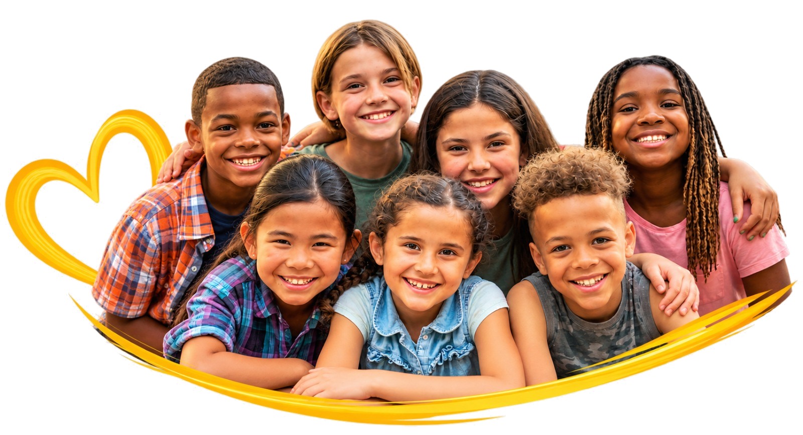 Seven smiling children standing together with a yellow heart brushstroke